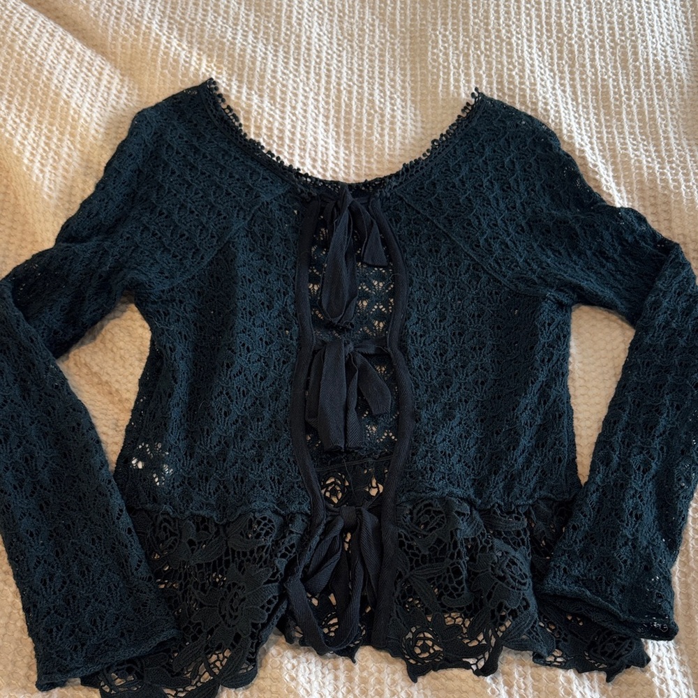 Free People Black Crocheted Long Sleeve Top - Picture 4 of 5